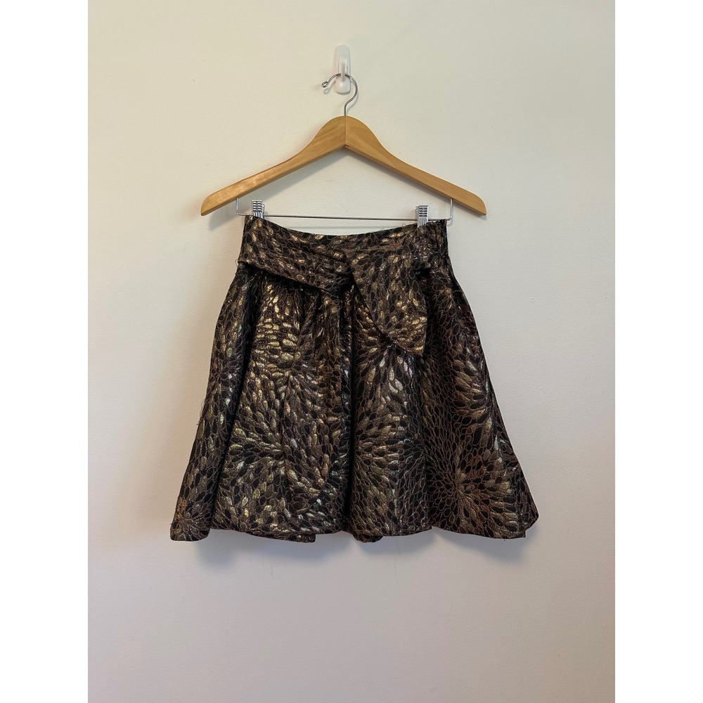 Zara Metallic Gold Jacquard Tie Waist Mini A-Line Mini Skirt | Size Medium